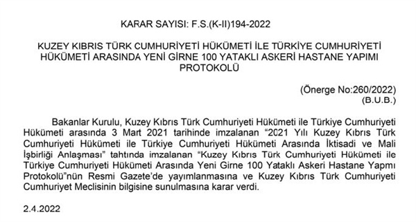 “Yeni Girne 100 Yataklı Askeri Hastane Yapımı Protokolü” Resmi Gazete’de yayımlandı